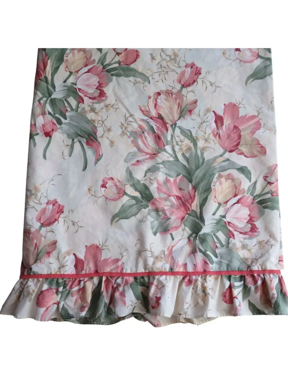 Vintage Waverly Garden Room Queen Flat Sheet Ruffled Hem Pink Floral Tulip USA